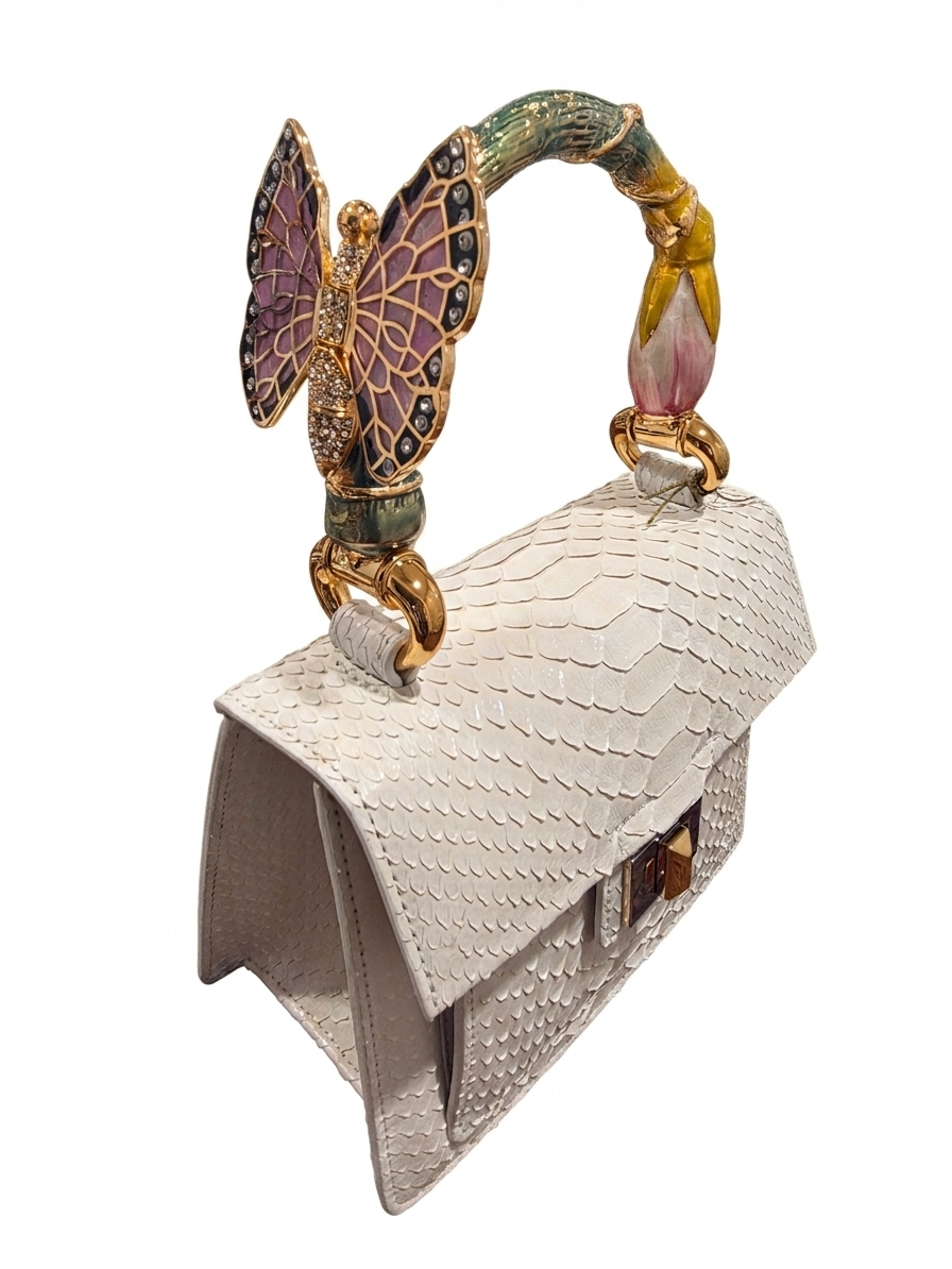 Biagini Art Bag White Python with Pink Butterfly