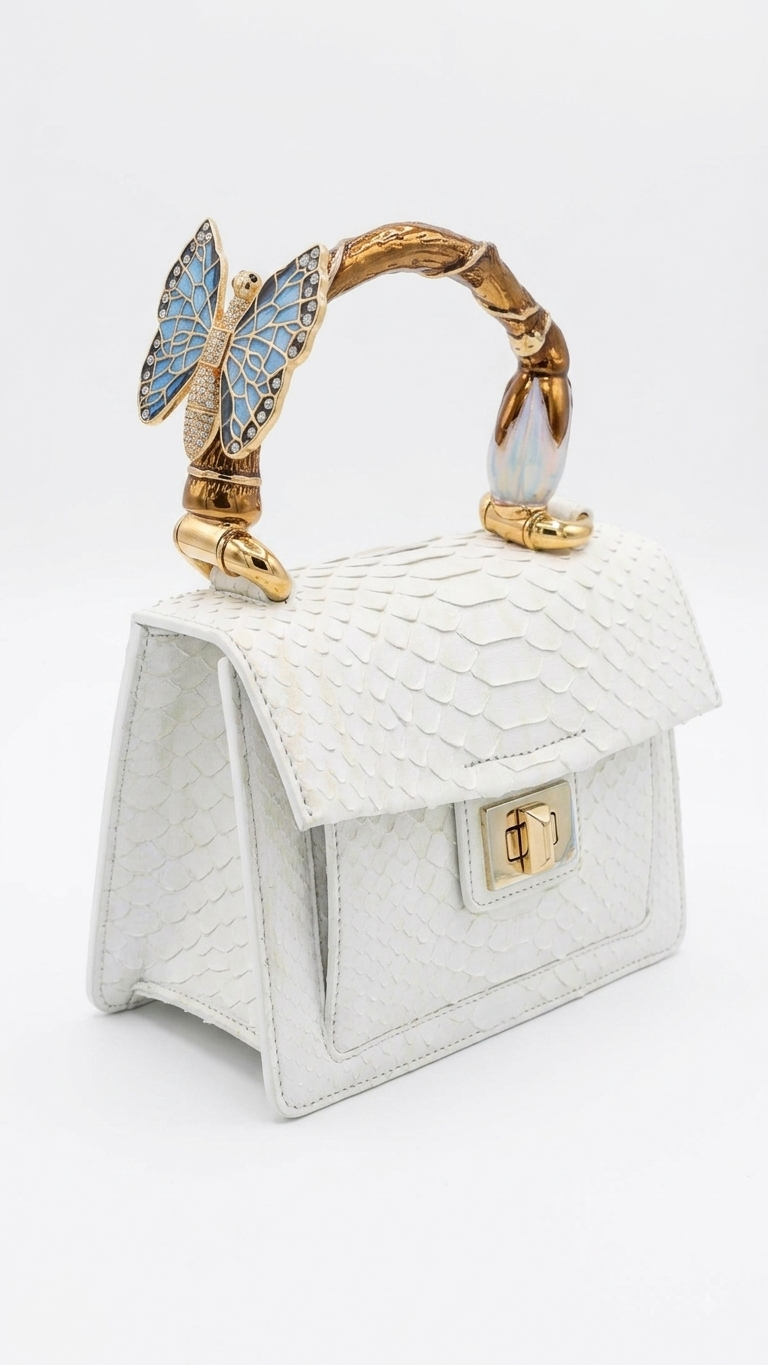 Biagini Art Bag White Python with Blue Butterfly