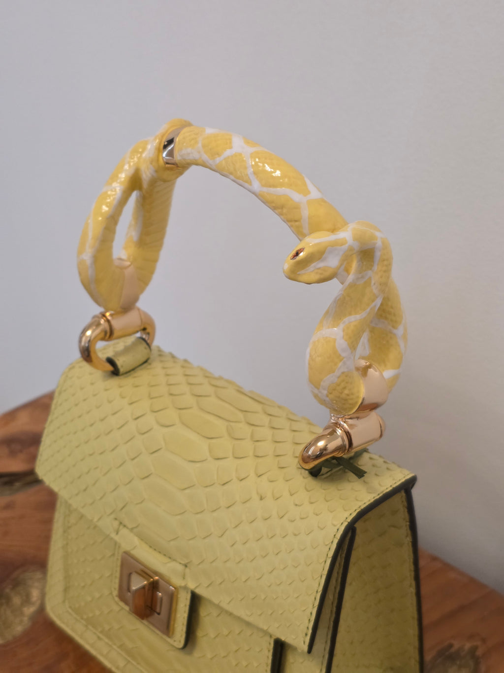 Biagini Art Bag La Perla Giallo Limoncello Python with Albino Burmese Python Snake