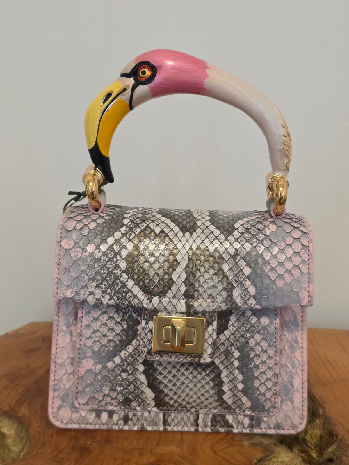 Biagini Art Bag Pink Gray Python with Pink Flamingo