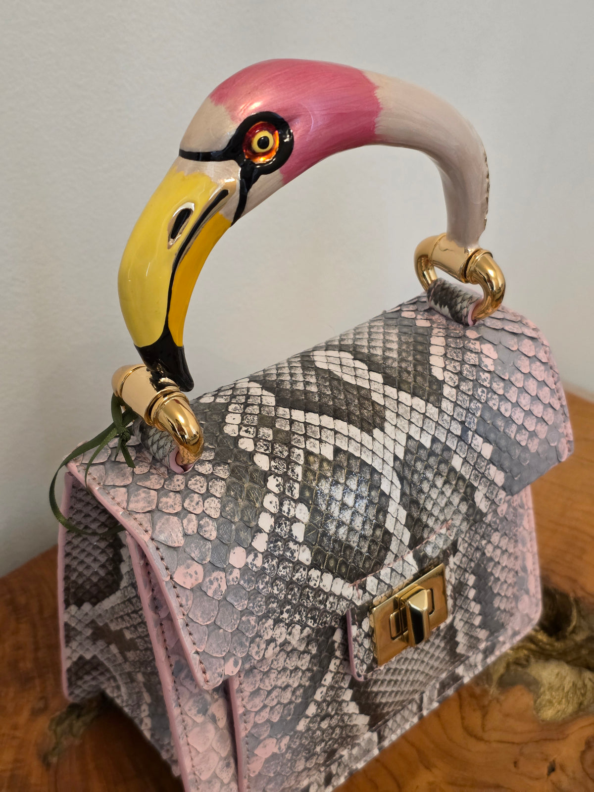 Biagini Art Bag Pink Gray Python with Pink Flamingo