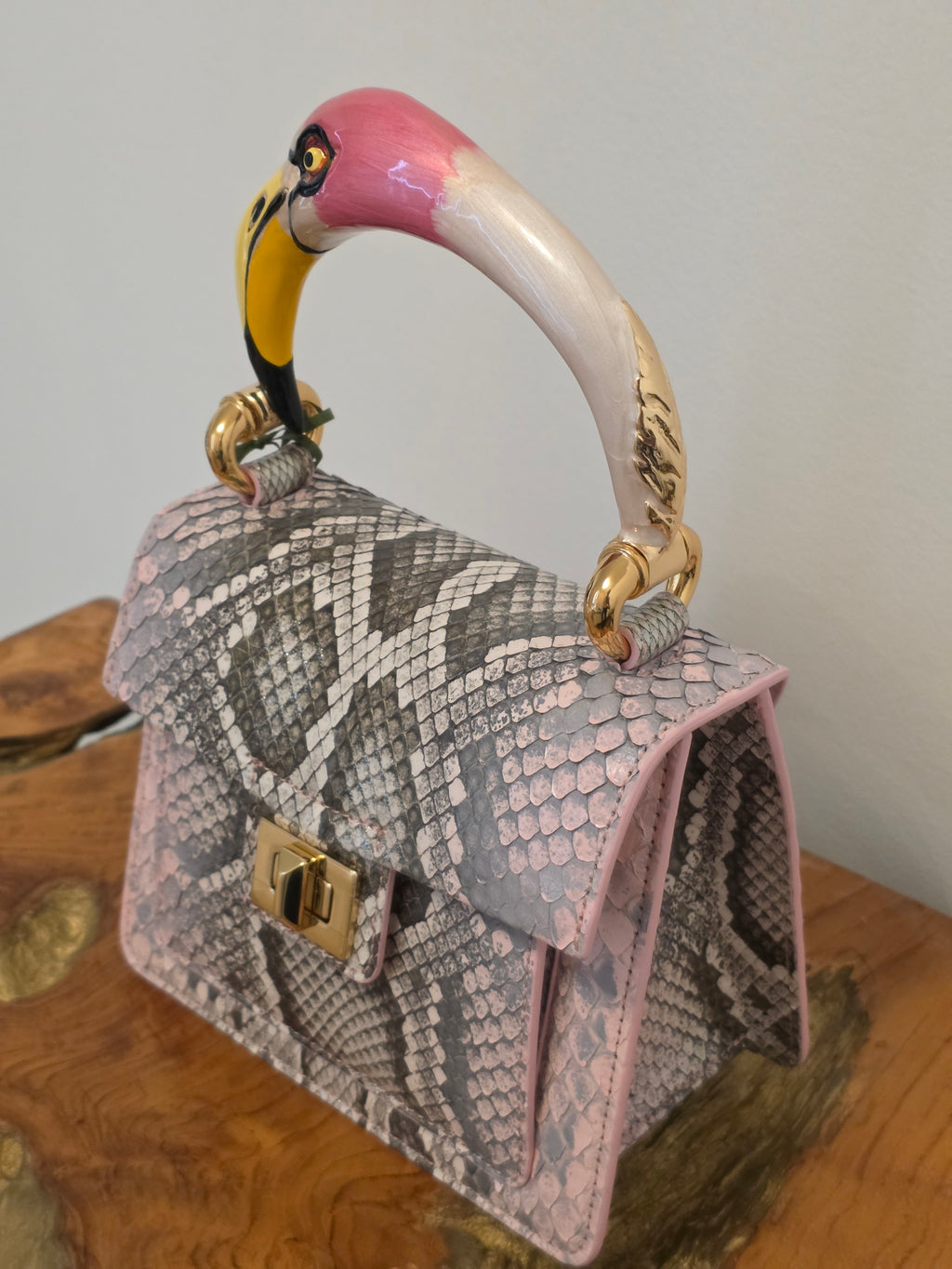 Biagini Art Bag Pink Gray Python with Pink Flamingo