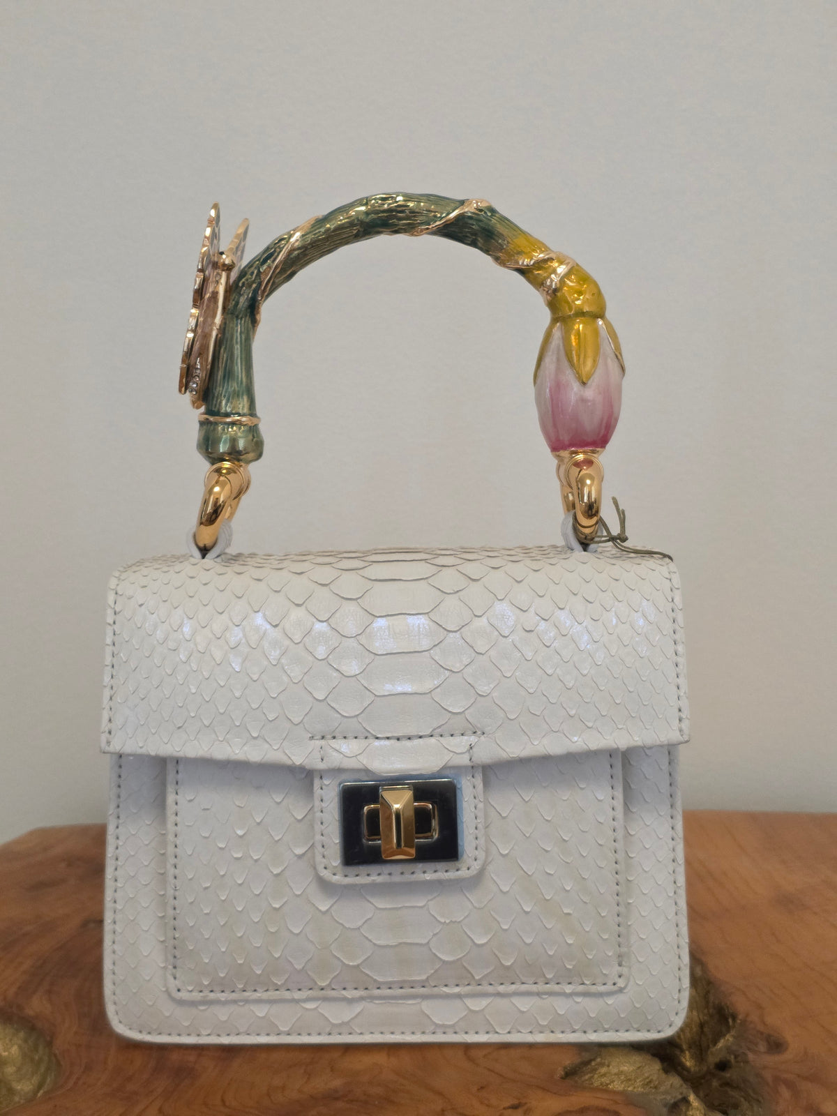 Biagini Art Bag White Python with Pink Butterfly