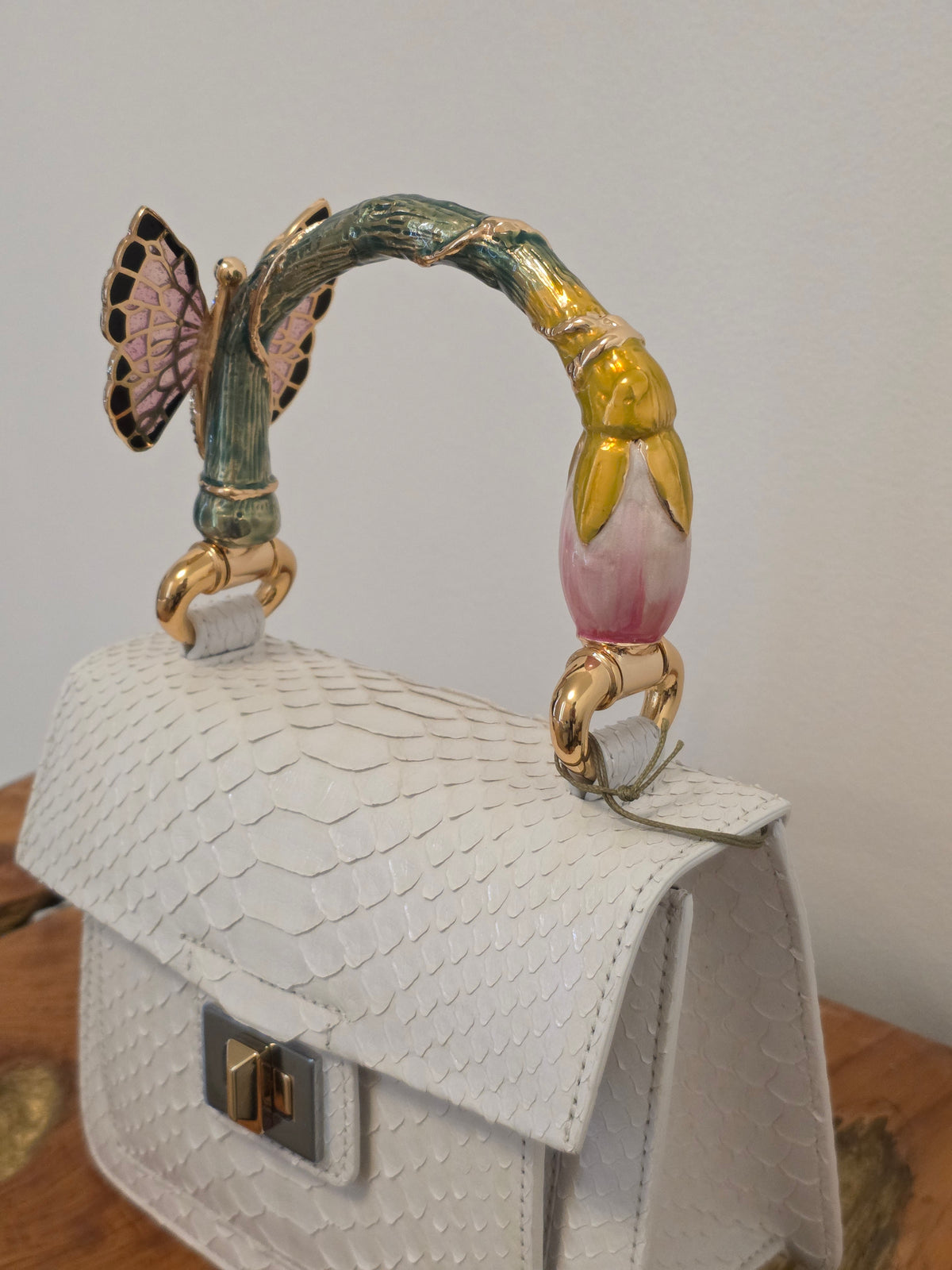 Biagini Art Bag White Python with Pink Butterfly
