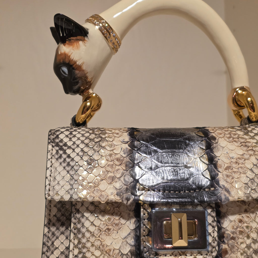 Biagini Art Bag Silver Gold Python White Calico Cat Chagall