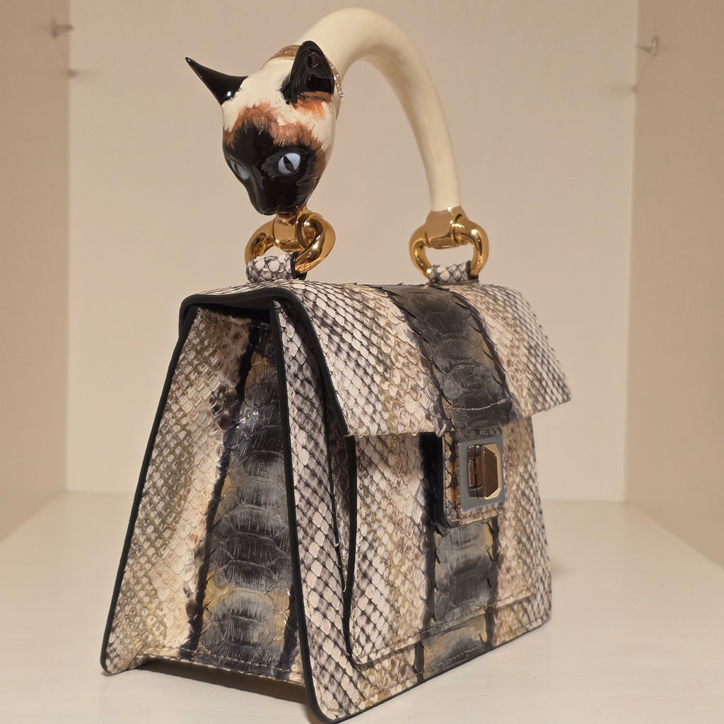 Biagini Art Bag Silver Gold Python White Calico Cat Chagall