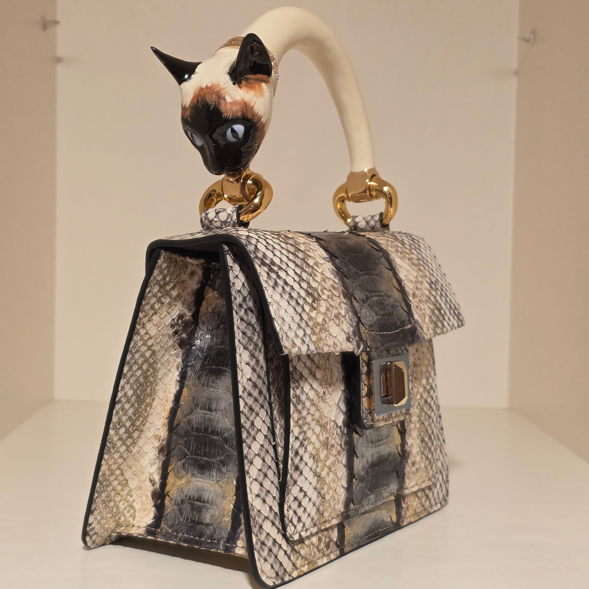 Biagini Art Bag Silver Gold Python White Calico Cat Chagall