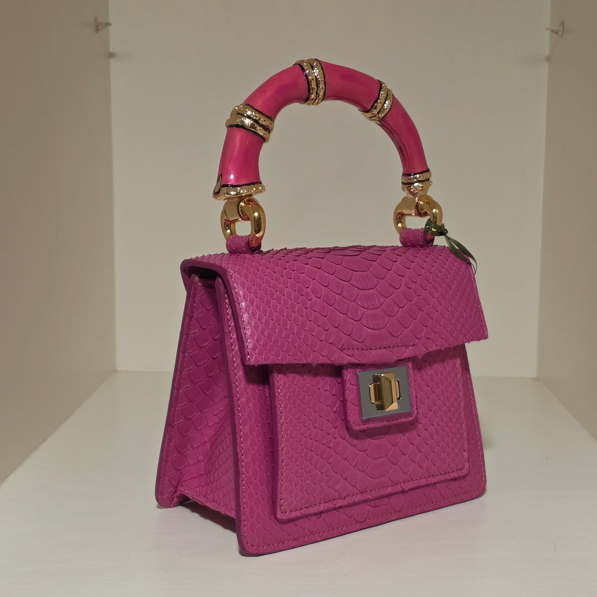 Biagini Art Bag Fuchsia Python with Bamboo Style Handle