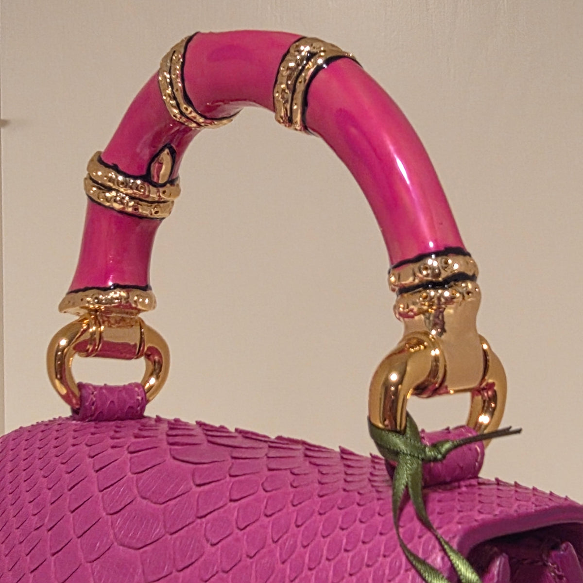 Biagini Art Bag Fuchsia Python with Bamboo Style Handle
