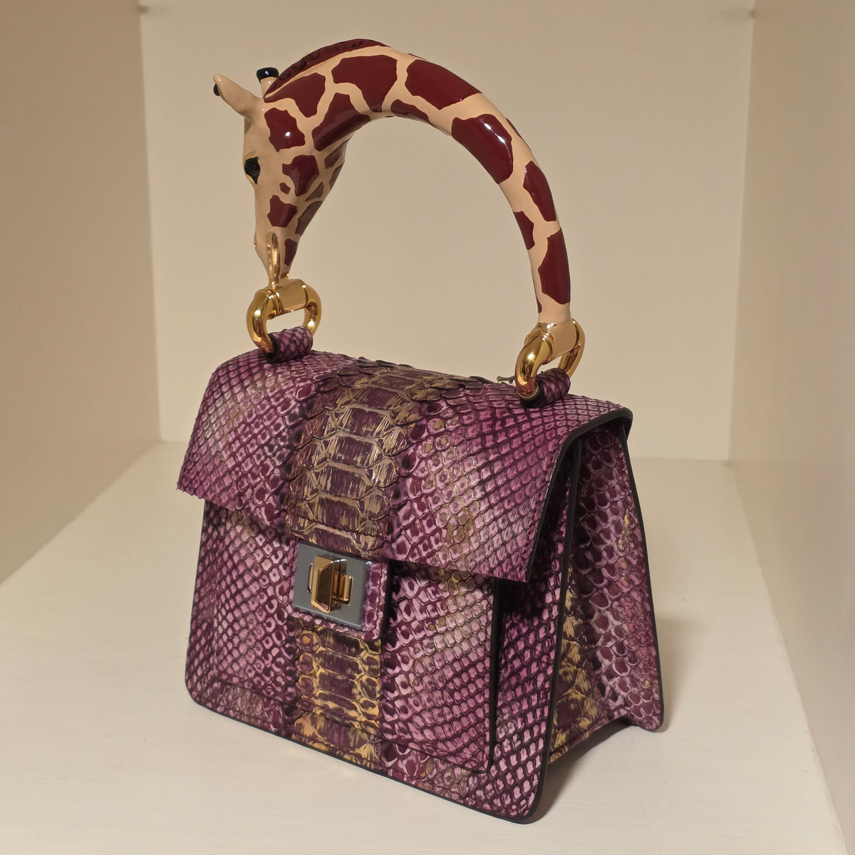 Biagini Art Bag Metalic Plum- Amethyst Gold Python with Giraffe